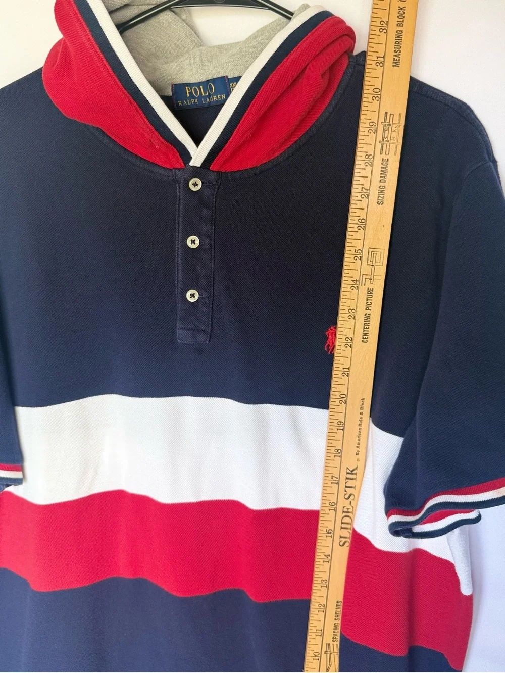 Polo Ralph Lauren Navy, White & Red Colorblock  Hooded Cotton Shirt XXL